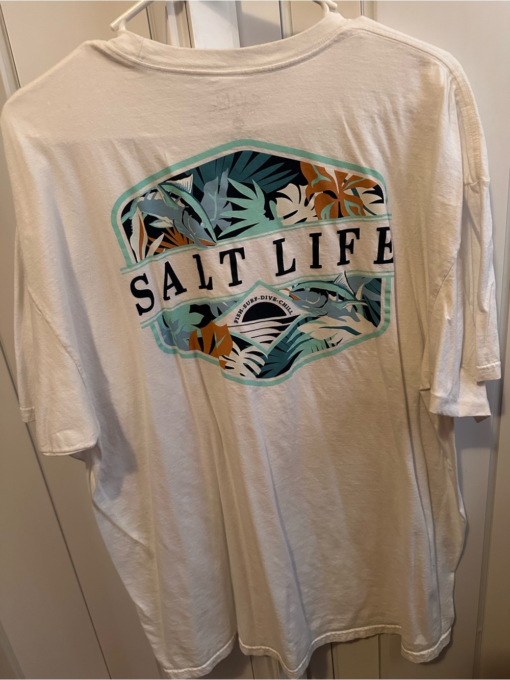 Salt Life White Tee with Teal, Aqua & Orange Tropical Logo